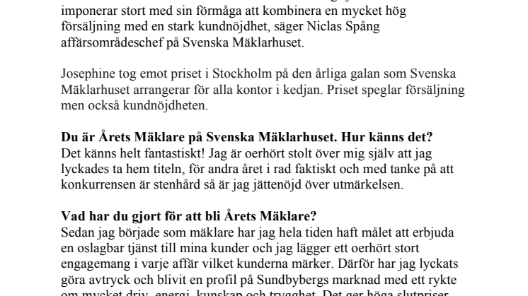 Årets Mäklare är Josephine Kvist på Svenska Mäklarhuset i Sundbyberg 