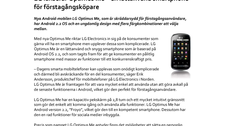 LG lanserar Optimus Me – en lättanvänd smartphone för förstagångsköpare   