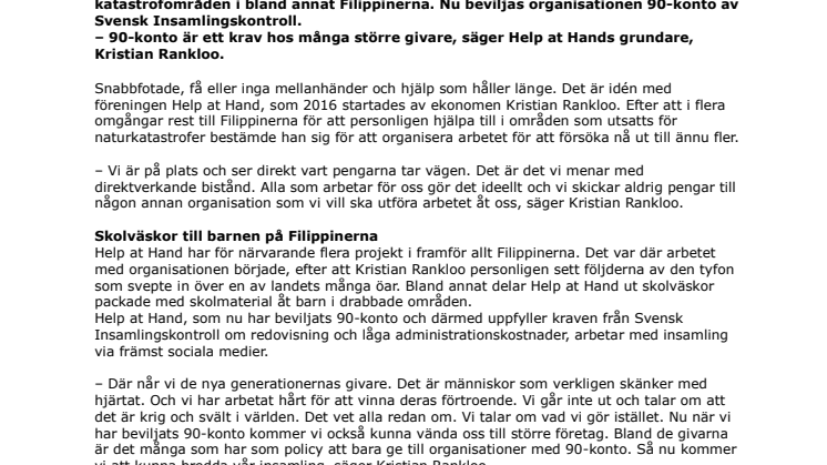Help at Hand har beviljats 90-konto