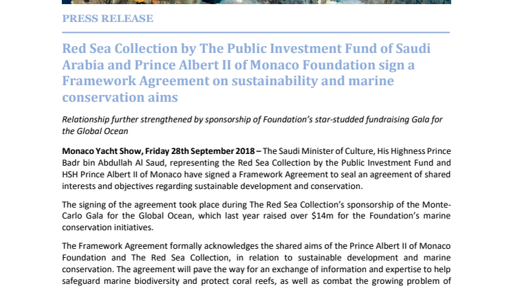 Red Sea Collection by The Public Investment Fund of Saudi Arabia and Prince Albert II of Monaco Foundation sign a Framework Agreement on sustainability and marine conservation aims