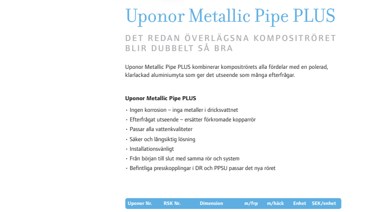 Uponor Metallic Pipe PLUS - Ännu en världsnyhet utvecklad av Uponor!