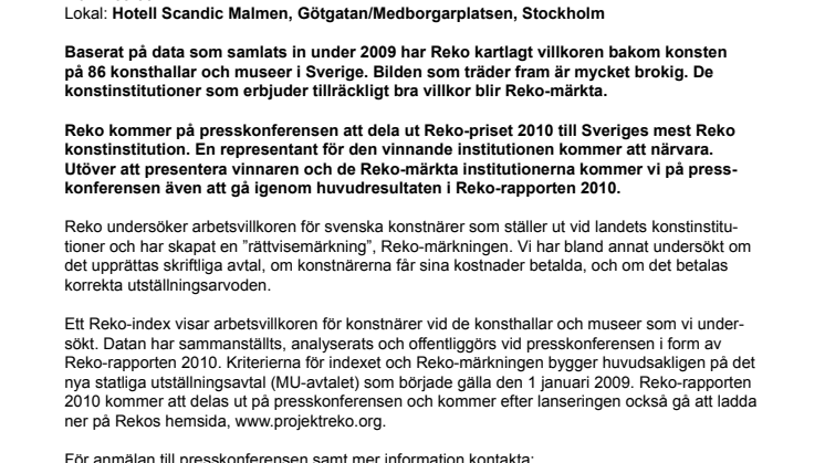 Reko presenterar Sveriges mest Reko konstinstitution 2010 och lanserar Reko-märkning