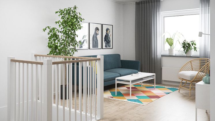 Illustration av interiör, allrum, BoKlok småhus, 2021. 