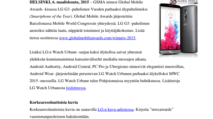LG G3 NIMETTIIN PARHAAKSI ÄLYPUHELIMEKSI MWC 2015 -MESSUILLA – LG WATCH URBANE PALKITTIIN MONENKERTAISESTI