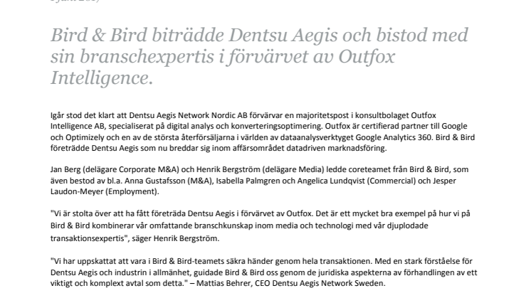 Bird & Bird biträdde Dentsu Aegis och bistod med sin branschexpertis i förvärvet av Outfox Intelligence