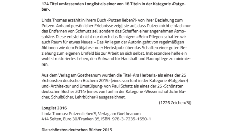 Auf der Longlist der Stiftung Buchkunst 2016: ‹Putzen lieben?!› von Linda Thomas aus dem Verlag am Goetheanum