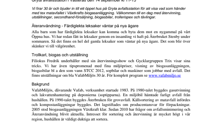 VafabMiljö fyller 30 år - det ska vi fira med Öppet hus