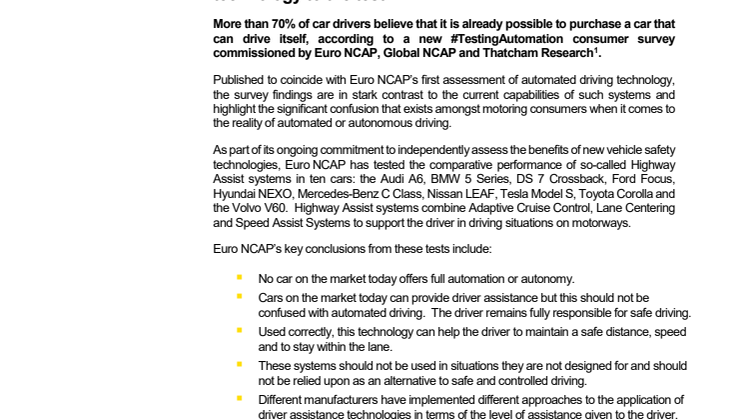 Euro NCAP #TestingAutomation press release - October 2018