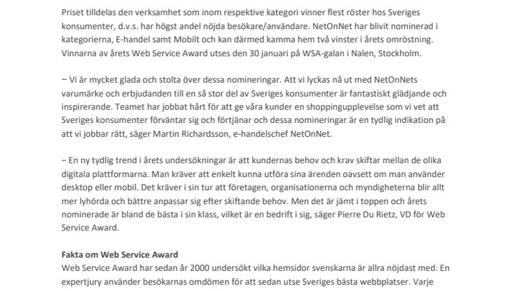 NetOnNet är tvåfaldigt nominerad i Web Service Award 2018