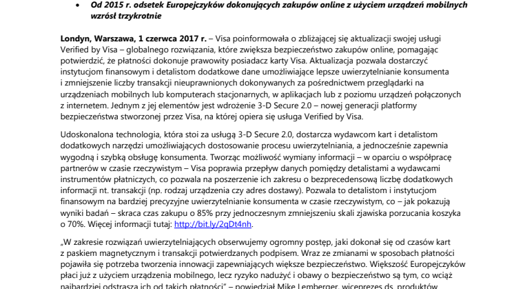 Nowa wersja Verified by Visa: jeszcze wyższy poziom bezpieczeństwa i dalsze uproszczenie płatności online