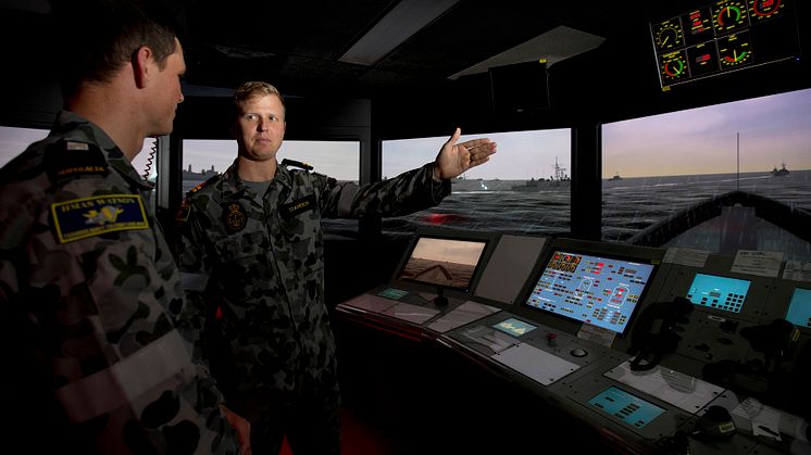 Picture shows Maritime Warfare Officer Training in the KONGSBERG simulator at HMAS Watson.  Photo credit: POIS Yuri Ramsey. Copyright: Commonwealth of Australia