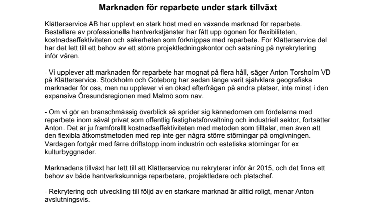 Marknaden för reparbete under stark tillväxt