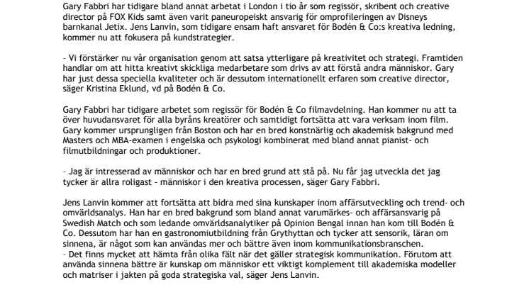 Bodén & Co förstärker kreativ och strategisk ledning