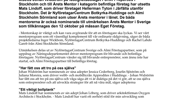 NyföretagarCentrum och Almi utser Årets Mentorer 2012 i Stockholm!