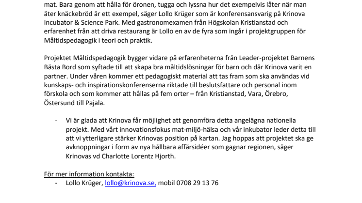 Goda matvanor hos barn nytt nationellt projekt på Krinova