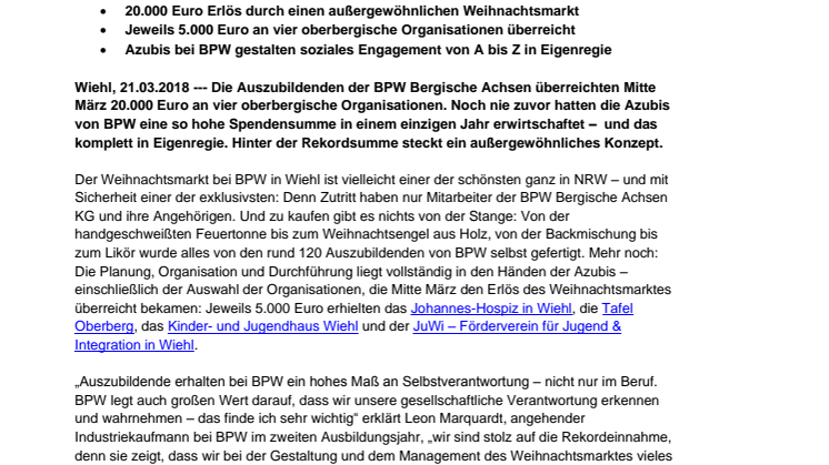 BPW Auszubildende spenden Rekordsumme für wohltätige Zwecke