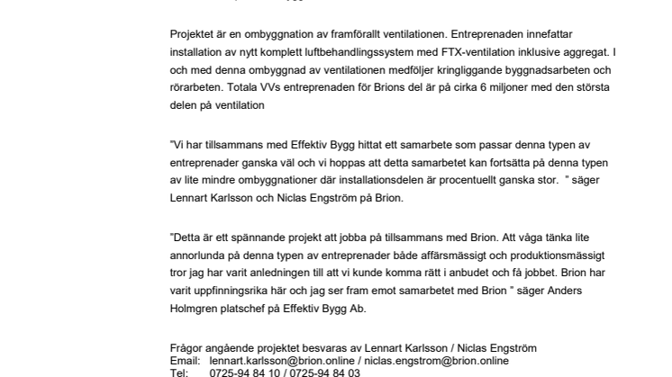 Brion Installation & Service får multidiciplinärt uppdrag för Effektiv Bygg