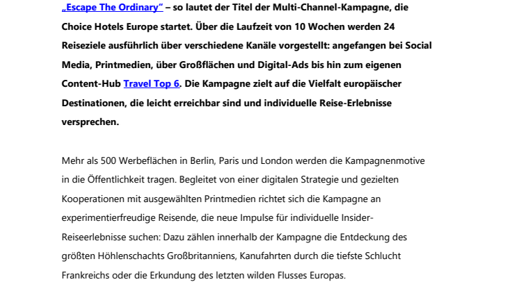 Choice Hotels Europe startet europaweite Kampagne  “Escape The Ordinary”
