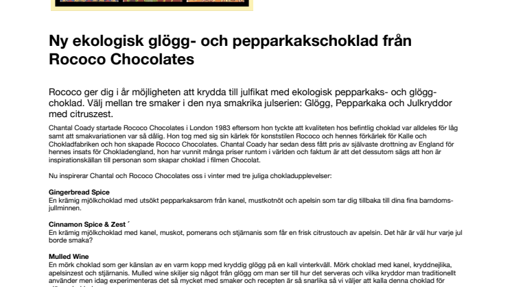Ny ekologisk glögg- och pepparkakschoklad från Rococo Chocolates