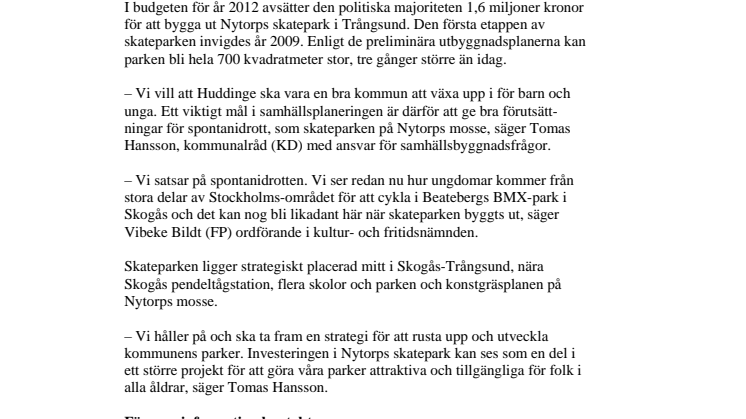 Nytorps skatepark byggs ut - satsning i Huddinges budget för 2012