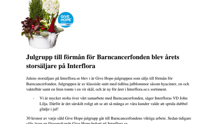 Julgrupp till förmån för Barncancerfonden blev årets storsäljare på Interflora