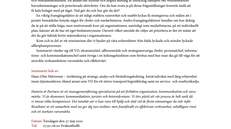 Inbjudan till frukostseminariet "Spelet om affärsplanen" den 27 maj