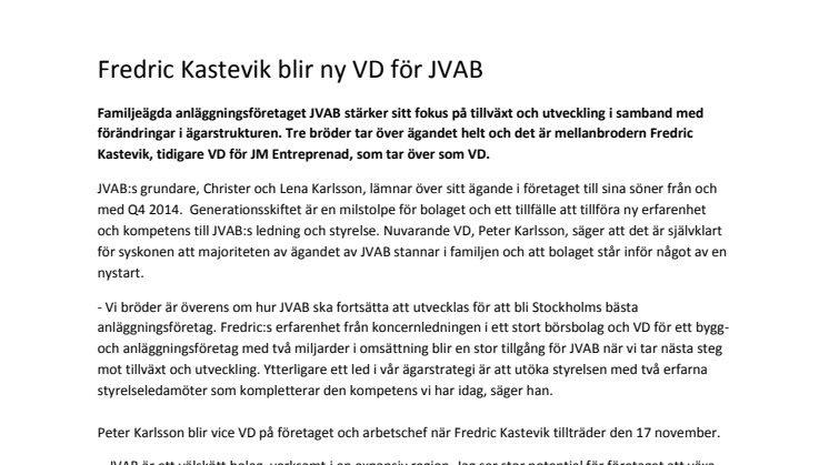 Fredric Kastevik blir ny VD för JVAB