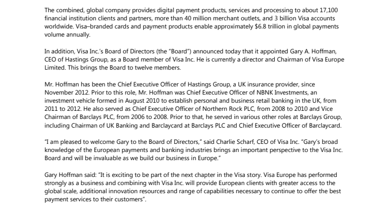 Visa Inc. Completes Acquisition of Visa Europe
