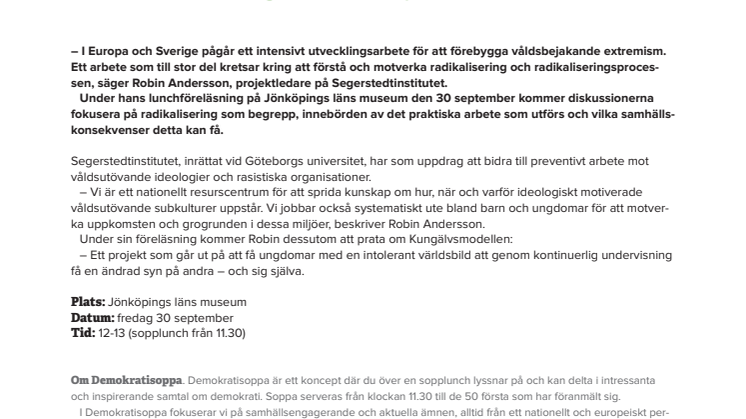 Demokratisoppa med Robin Andersson – lunchföreläsning om våldsbejakande extremism