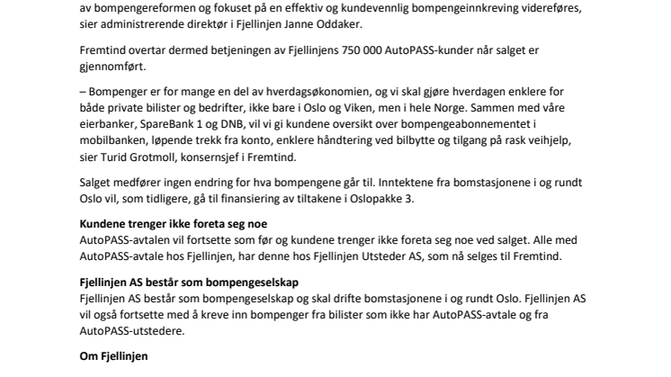 Fjellinjens AutoPASS-utsteder selges til Fremtind Forsikring