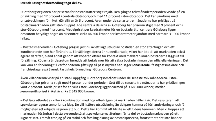 Bostadsrättspriserna fortsatt upp i Göteborg