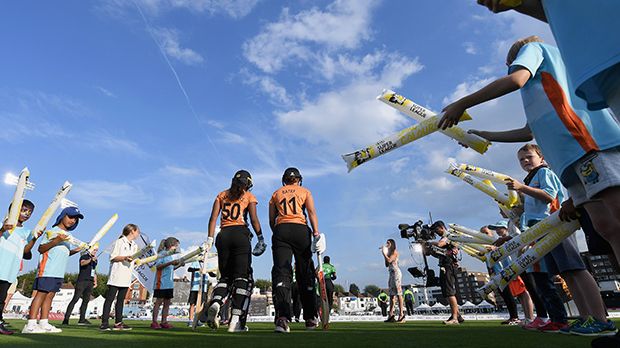 Hayley Matthews and Suzie Bates of Southern Vipers enter the field of play at KSL Final between Southern Vipers and Western Storm at The 1st Central County Ground on September 1, 2017 in Hove