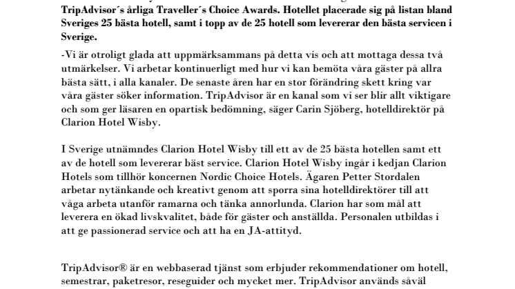 Clarion Hotel Wisby utnämnt till ett av Sveriges bästa hotell