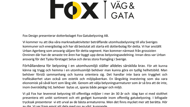 Fox Design AB dotterbolag Fox Gatubelysning AB