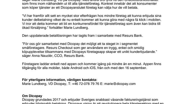 Dicopay lanserar första mobila Checkoutlösningen för Sveriges alla tjänsteföretagare