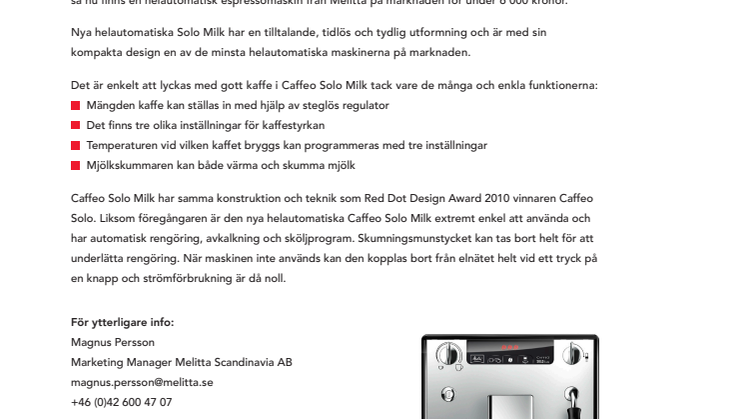 PRESSMEDDELANDE: MELITTA LANSERAR CAFFEO SOLO MILK