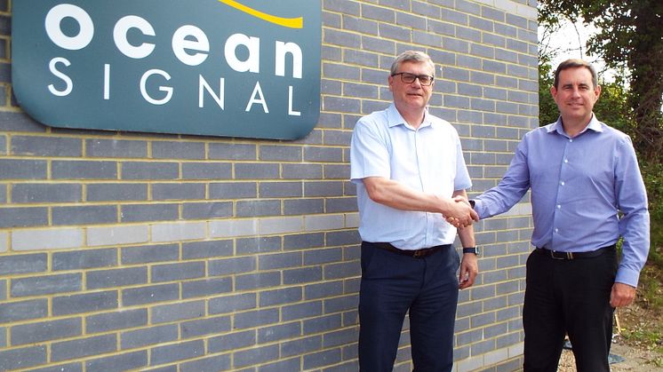 Ocean Signal founder, Alan Wrigley (left), hands over the reins to Neil Jordan (right)