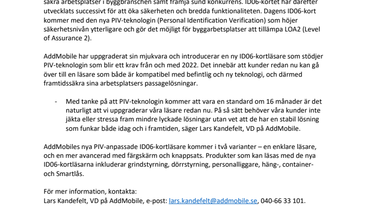 Pressmeddelande: AddMobile uppgraderar för anpassning till PIV