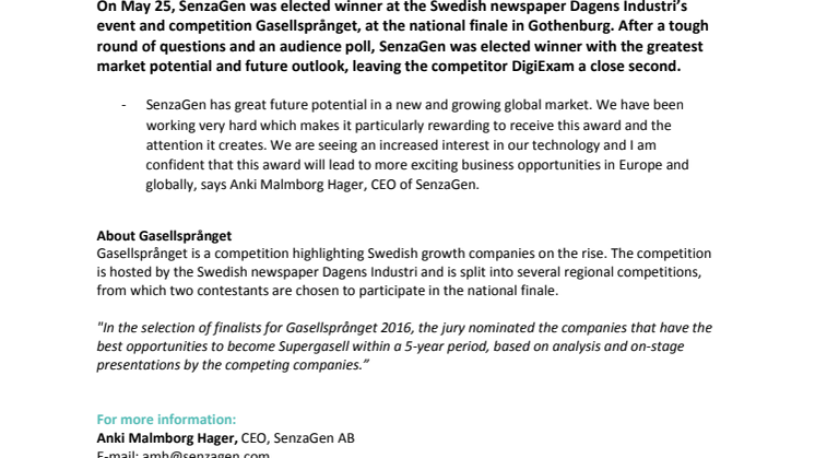 SenzaGen wins DI’s Gasellsprånget – most promising company to become Supergasell within 5 years