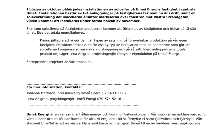 Umeå Energi installerar solceller på huvudkontoret
