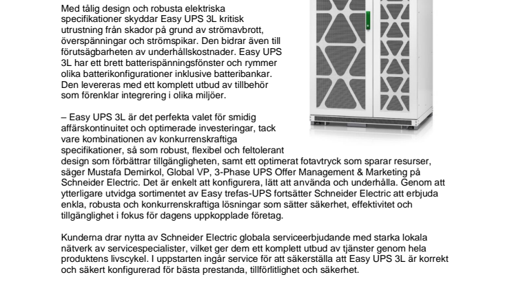 Schneider Electric lanserar Easy UPS 3L för att underlätta kontinuitet hos verksamheter