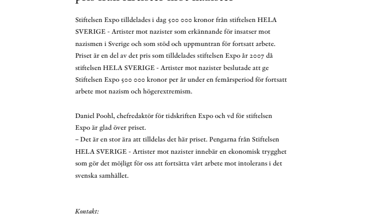 Stiftelsen Expo får pris från Artister mot nazister