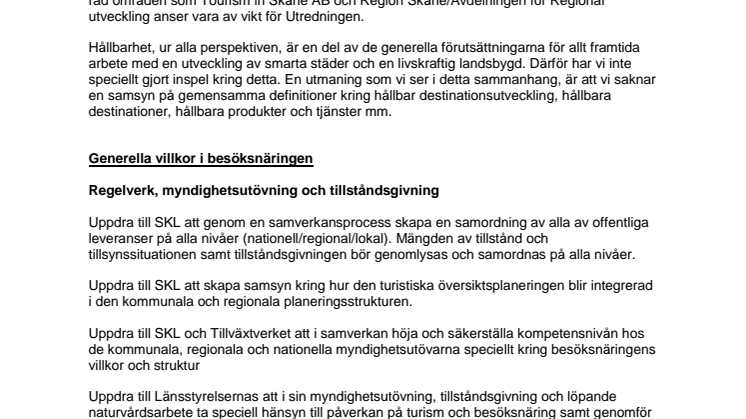 Skånes inspel till SOU Besöksnäring och turism