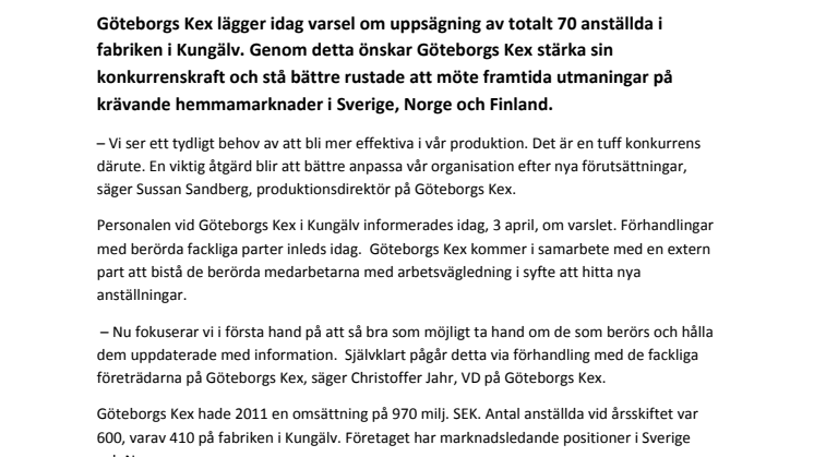 Göteborgs Kex varslar 70 anställda