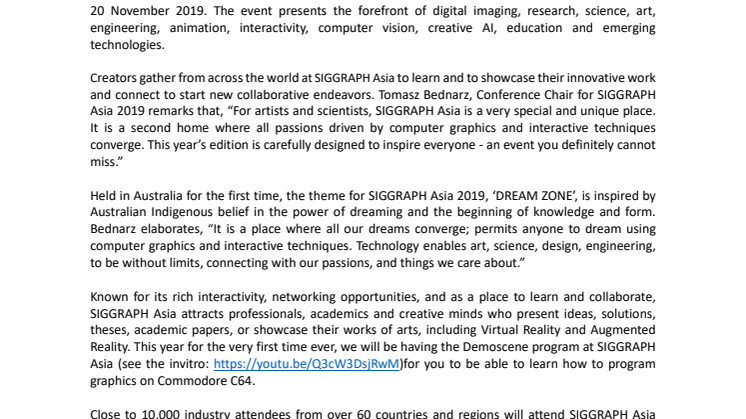SIGGRAPH Asia 2019, Asia’s largest computer graphics and interactive techniques event, heads to Brisbane this November