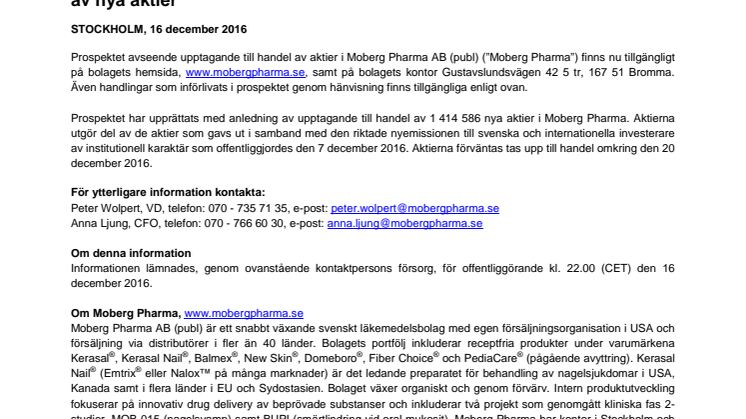 Moberg Pharma offentliggör prospekt avseende upptagande till handel av nya aktier