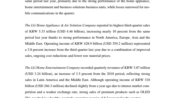 LG ANNOUNCES THIRD-QUARTER 2019 FINANCIAL RESULTS