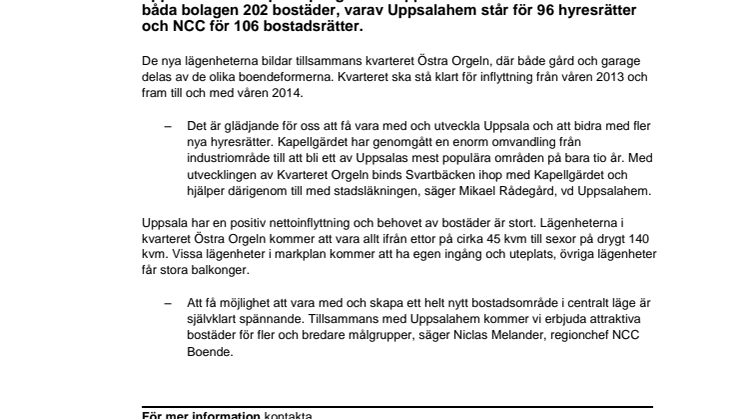 Uppsalahem och NCC utvecklar gemensamt 202 nya bostäder på Kapellgärdet