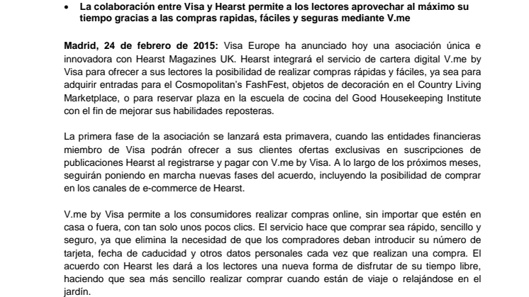 Visa Europe y Hearst Magazines UK anuncian una innovadora asociación para integrar la cartera digital V.me by Visa 