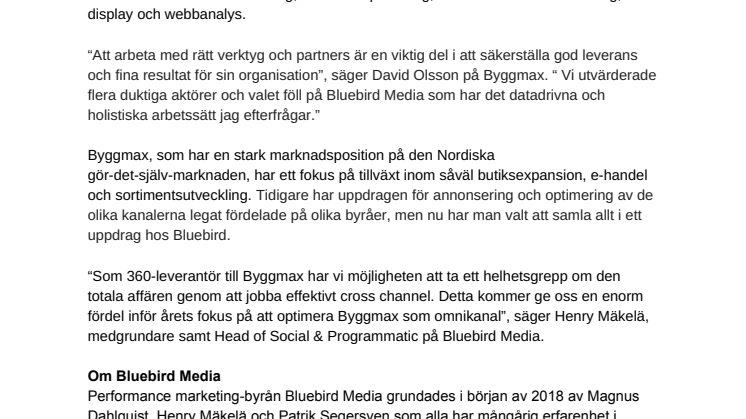 Byggmax väljer Bluebird Media som helhetsleverantör av digitala marknadsföringstjänster på samtliga marknader